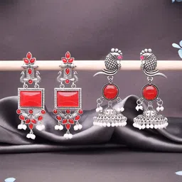 Anouk Set Of 2 Silver-Plated Artificial Stones and Beaded Contemporary Drop Earrings image 5