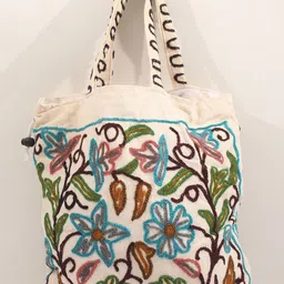 Exotic India Cotton Shoulder Bag with Crewel Embroidered Flowers image 2