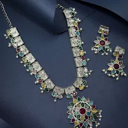 NAMAN ARTS Silver-Plated Stone Studded & Beaded Oxidised Jewellery Set-picture-26