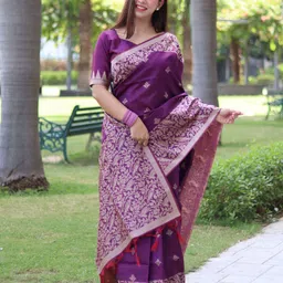 KALINI Purple Banglori Handloom Raw Silk Saree With Unstitched Blouse Piece image 2