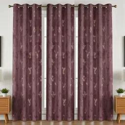 GEET CREATIONS Violet & Gold-Toned Set of 3 Floral Room Darkening Long Door Curtain image 1
