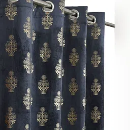 GEET CREATIONS Navy Blue 3 Pieces Floral Room Darkening Velvet Door Curtains-image-9