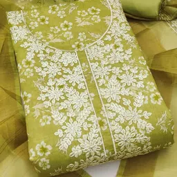 BlissFlair Floral Printed Thread Work Chanderi Cotton Unstitched Dress Material image 3