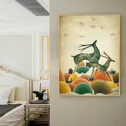 art street Dancing Deer Multicolour Engineered Wood Framed Canvas Wall Painting image 1