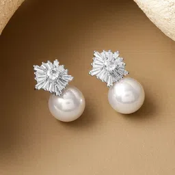 Rubans Rhodium-Plated Cubic Zirconia Sunburst Stud Earrings with White Pearls Drop image 3