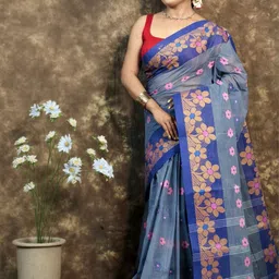 RIDDHIMAN FASHION Floral Pure Cotton Handloom Taant Saree-image-49