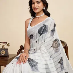 Durga Textile Floral Printed Zari Pure Linen Saree image 4