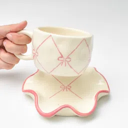 QSHI STUDIO Cream & Pink Ceramic Glossy Microwave Safe Set of Cups and Saucer-image-18