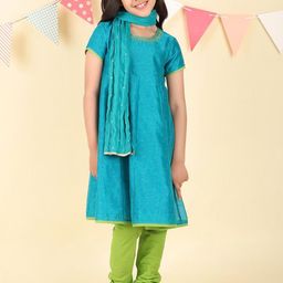 Fabindia Girls Floral Printed Round Neck Cotton Silk A-Line Kurta With Churidar & Dupatta-picture-12