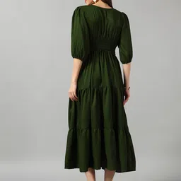 Femvy Solid Smocked V-Neck Tiered Fit & Flare Midi Dress image 2