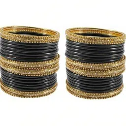 AMSHA Set Of 40 Black Glass Artificial Stones & Beads Bangle image 2