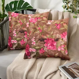 Tesmare Brown Set of 5 Floral Velvet Square Cushion Covers image 5