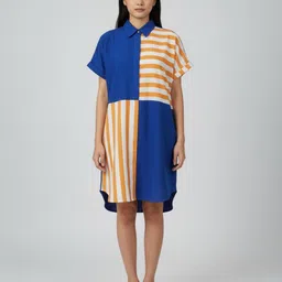 SZN Women Colourblocked Shirt Collar Shift Dress-image-0