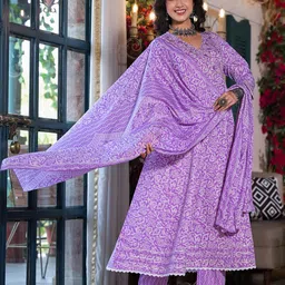 KALINI Women Floral Embroidered Angrakha Sequinned Pure Cotton Kurta with Trousers & With Dupatta image 3