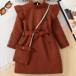 YK Girls Solid Self Design Belted Bodycon High Neck Mini Dress-image-24