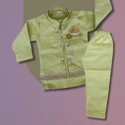 Qutie Ninja boy's Dupion Silk yellow Sherwani waistcoat and pyjama-picture-42