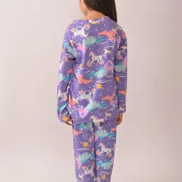 Anthrilo Girl Unicorn Planet Printed Long Sleeves Pyjama Set -Purple Night suit image 2