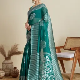 AMRUTKALA SAREES Floral Woven Design Zari Striped Border Saree with Blouse Piece image 5