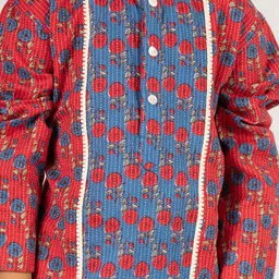 VASTRAMAY Boys Floral Printed Mandarin Collar Kantha Work Pure Cotton Kurta with Pyjamas image 5