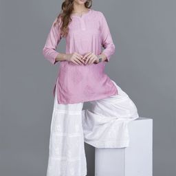 NAZAQAT ETHNIC INDIA Women Chanderi Chikankari Short Kurti with Bakhhiya Work-picture-29