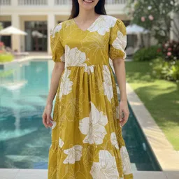 Tzelynn Floral Print Puff Sleeve A-Line Midi Dress-picture-15