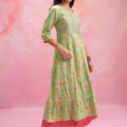 Vishudh Green Floral Printed Round Neck Mirror Work Panelled Anarkali Kurta image 3