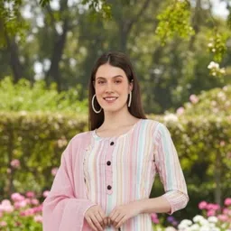 s s outfits Stylish kurti for women khadi cotton stylish neck Striped Kurta, Trouser/Pant & Dupatta Set image 2