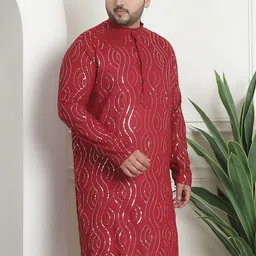 SOJANYA PLUS PLus Size Ethnic Motifs Embroidered Band Collar Long Sleeves Straight Kurta image 4