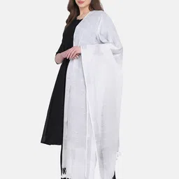 THE WEAVE TRAVELLER White & Silver-Toned Dupatta with Zari image 3