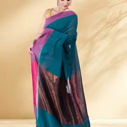 Arhi Solid Zari Design Pompom In borders Pure Cotton Saree image 4