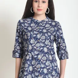 KARPATA Floral Print Mandarin Collar Roll-Up Sleeves Organic Cotton Top-picture-22