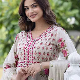 Anouk Cream-Coloured Floral Printed Pure Cotton Anarkali Kurta With Palazzos & Dupatta image 4