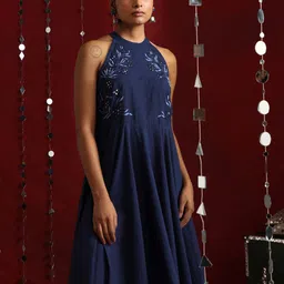 OKHAI Dusk Glow Ethnic Motifs Embroidered Pure Cotton Fit & Flare Midi Dress image 3