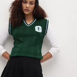 The Roadster Lifestyle Co. Cable Knit Varsity Sweater Vest with Applique Detail-picture-41