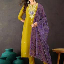 Kvsfab Floral Embroidered Zari Straight Kurta With Trousers And Dupatta-image-57
