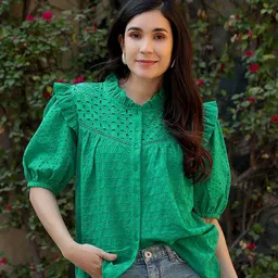 Peppinos Schiffli Embroidered Puff Sleeve Cotton Shirt Style Top-picture-40