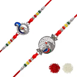 MEIRA JEWELLERY Set Of 2 Peacock Designer Rakhis With Greeting Card & Roli Chawal-picture-24