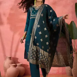 HERE&NOW Women Floral Woven Design Regular Zari Kurta With Trousers & Dupatta-picture-13