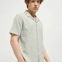 THE BEAR HOUSE Men Cuban Collar Micro Checked Cotton Casual Shirt image 4