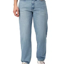 Beyoung Light Blue Whisker Baggy Fit Jeans for Mens image 1