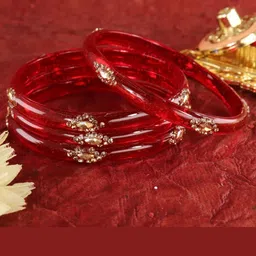 ZULKA Glass Bangles Kada Set For Women & Girls With Golden Zircon Stone & Kundan,Pack of 4 image 1