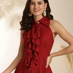 AKIMIA Women Solid Ruffles Shirt Collar Shirt Style Top-image-43