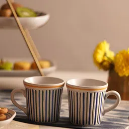 JAYPORE White & Blue 2 Pieces Striped Ceramic Matte Mugs-355 ml Each image 2