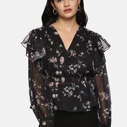 ISU Women Floral Printed Chiffon Wrap Top-image-42