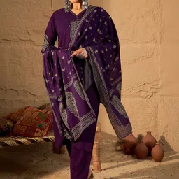 Indo Era Women Ethnic Motifs Embroidered Regular Thread Work Pure Cotton Kurta with Trousers & With Dupatta image 4