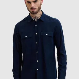 Snitch Men Classic Fit Spread Collar Solid Linen Casual Shirt-image-91