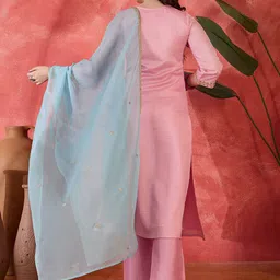 Sangria Floral Embroidered Keyhole Neck Sequinned Straight Kurta With Trousers And Dupatta image 2