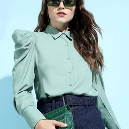 tokyo talkies Casual Puff Sleeves Solid Women Green Top-picture-19