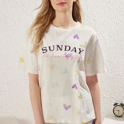 Trendyol Women Typography Printed Pure Cotton Night suit-image-4