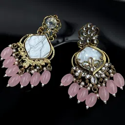 strucker Women Pink Kundan Alloy Chandbali Drop Earrings image 5